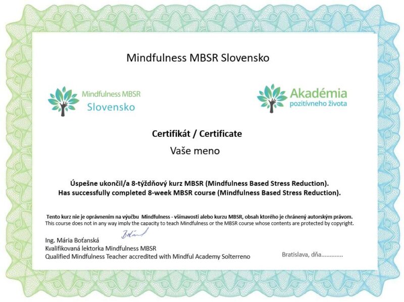 Certifikát 8-týždňový kurz MBSR