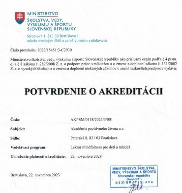 akreditovaný kurz Lektor mindfulness pre deti a mládež